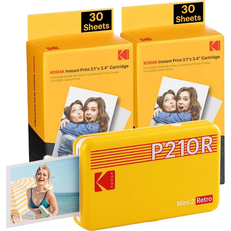 KODAK Mini 2 Retro 4PASS Stampante Fotografica Portatile (5.3x8.6cm) +  Pacchetto con 68 Fogli, Giallo