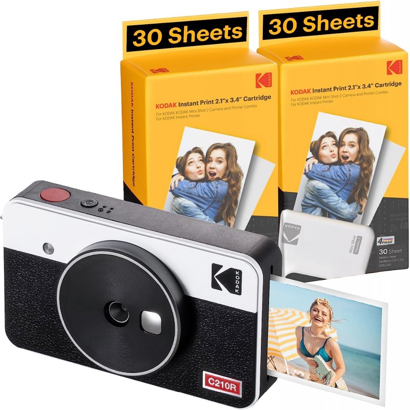 KODAK Mini Shot 2 Retro 4PASS 2-in-1 Fotocamera Istantanea & Stampante  Fotografica (5,3x8,6cm) + Pacchetto con 68 Fogli, Bianco