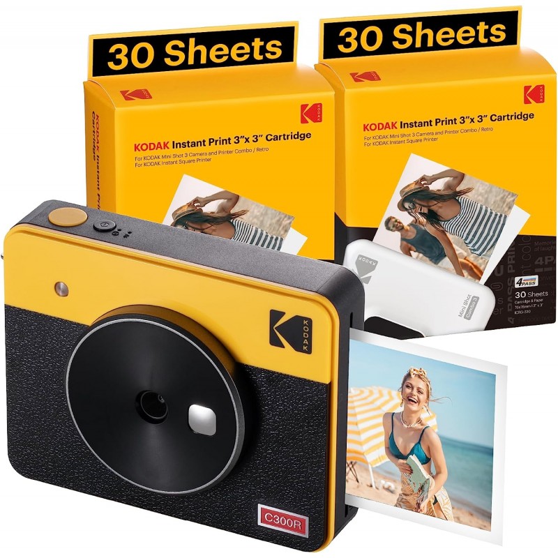 KODAK Mini Shot 3 Retro 4PASS 2-in-1 Fotocamera Istantanea & Stampante  Fotografica (7,6x7,6cm) + Pacchetto con 68 Fogli, Giallo